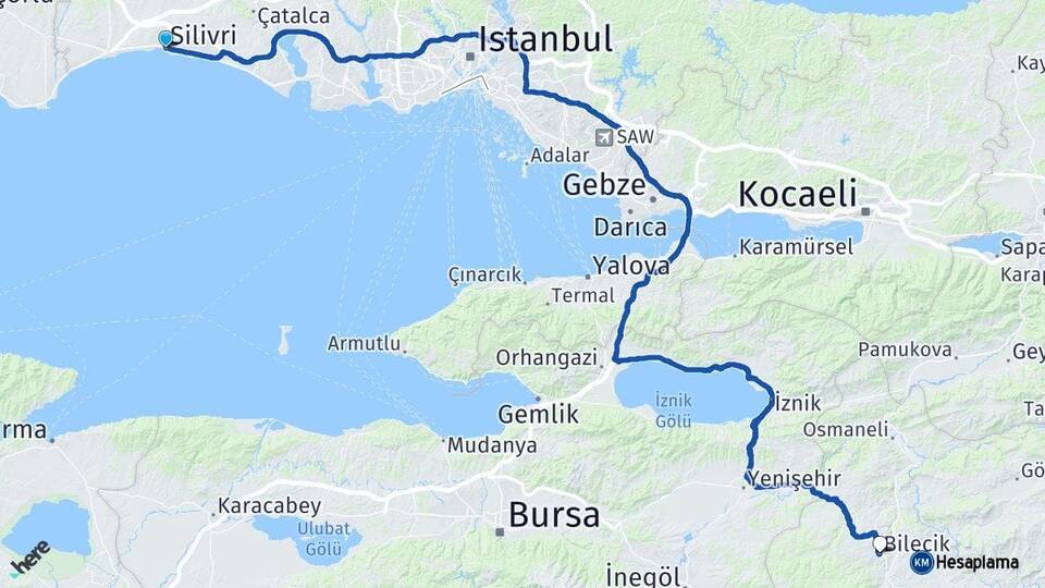 İstanbul Silivri Bilecik Arası Kaç Km - Yol Haritası