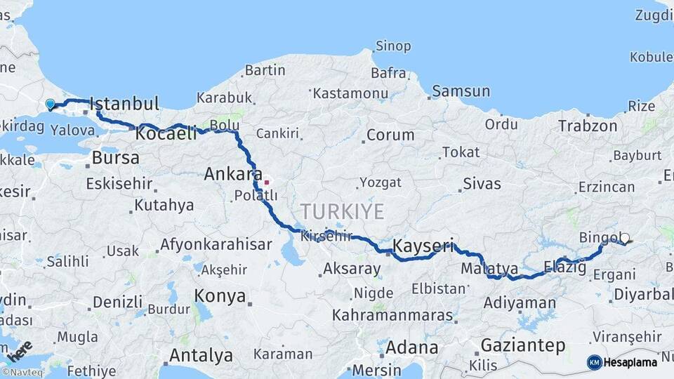 İstanbul Silivri Bingöl Arası Kaç Km - Yol Haritası