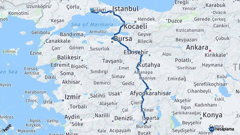 İstanbul Silivri Burdur Arası Kaç Km - Yol Haritası