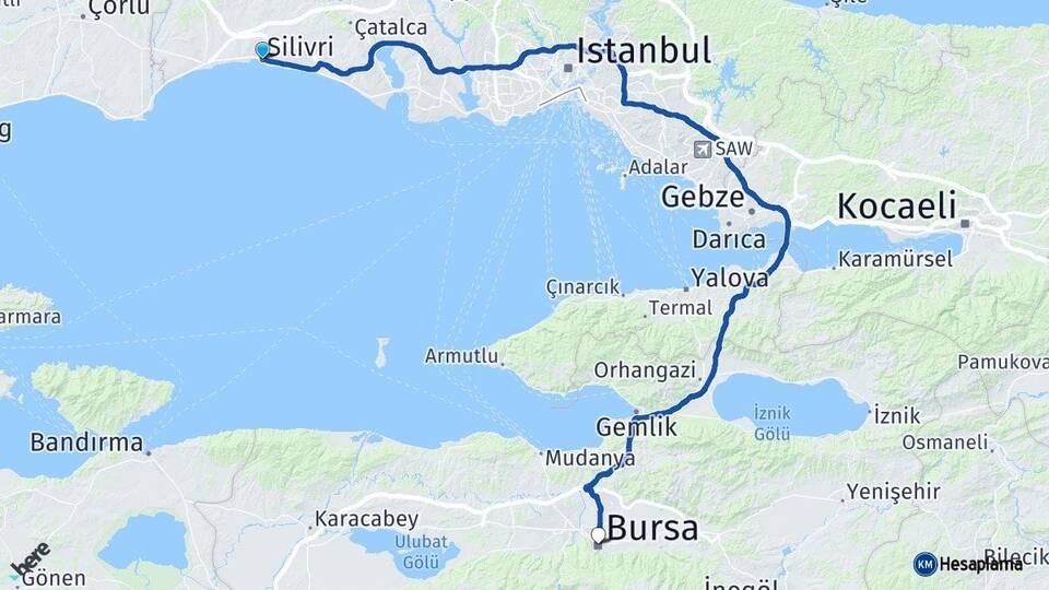 İstanbul Silivri Bursa Arası Kaç Km - Yol Haritası