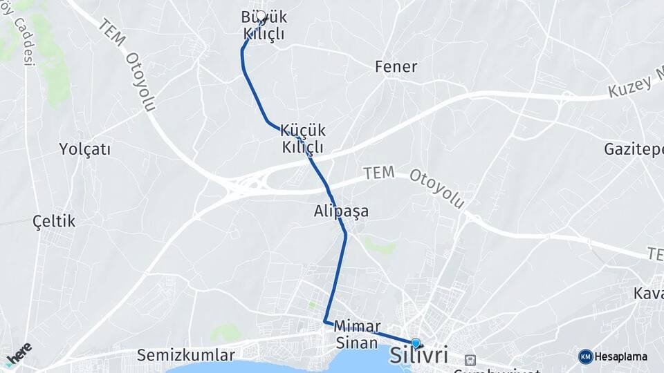 İstanbul Silivri Büyük Kılıçlı Silivri Arası Kaç Km - Yol Haritası