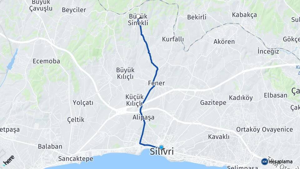 İstanbul Silivri Büyük Sinekli Silivri Arası Kaç Km - Yol Haritası