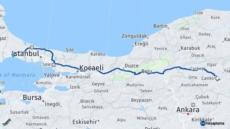 İstanbul Silivri Çankırı Arası Kaç Km - Yol Haritası