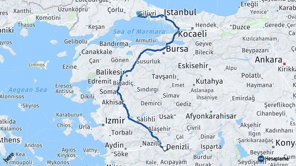 İstanbul Silivri Denizli Arası Kaç Km - Yol Haritası