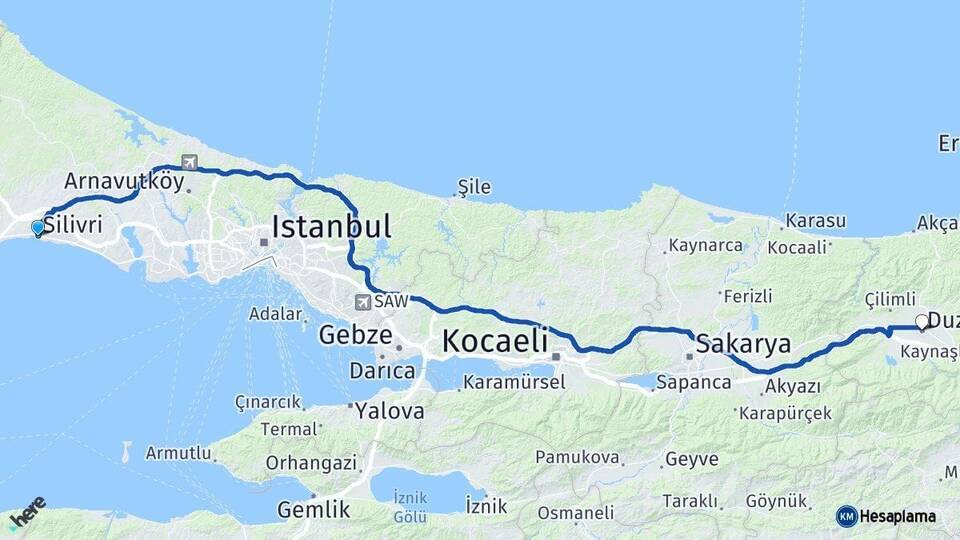 İstanbul Silivri Düzce Arası Kaç Km - Yol Haritası