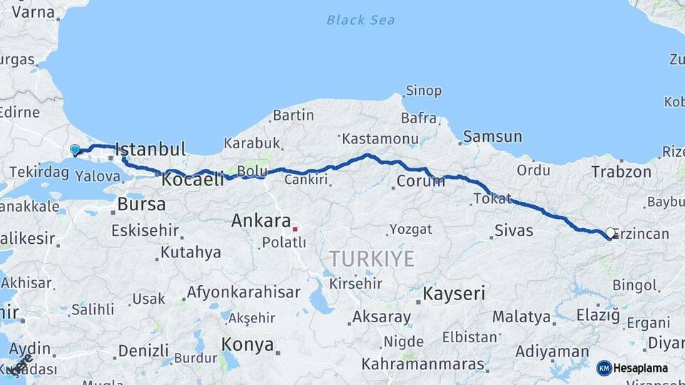 İstanbul Silivri Erzincan Arası Kaç Km - Yol Haritası
