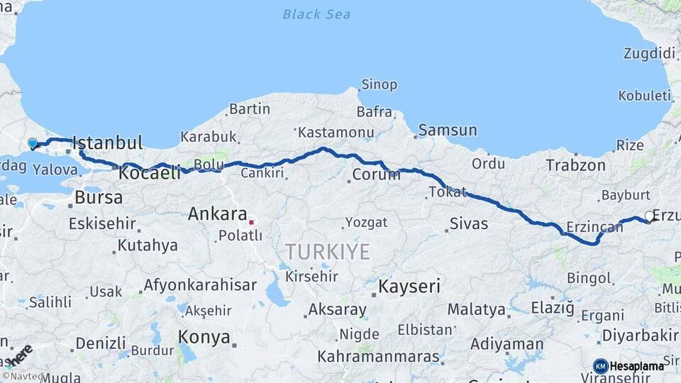 İstanbul Silivri Erzurum Arası Kaç Km - Yol Haritası
