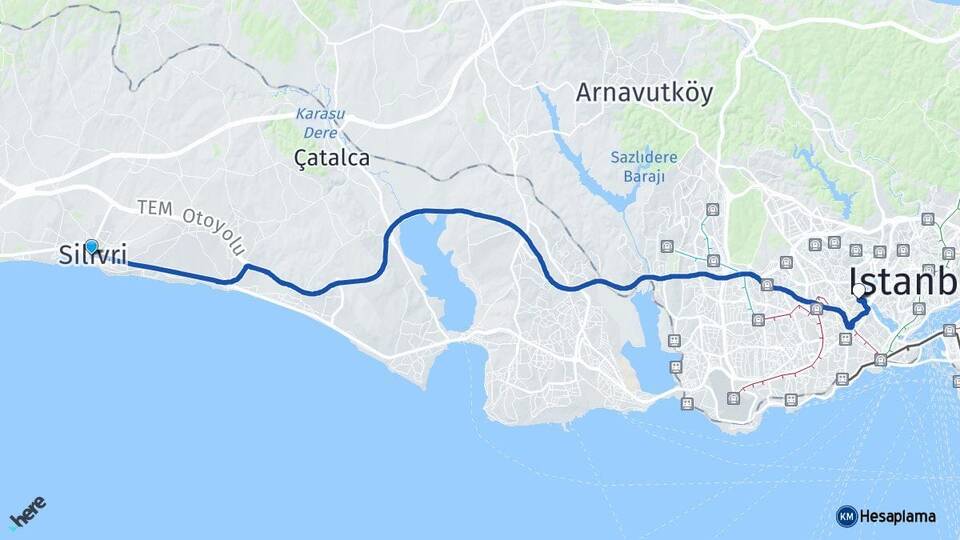 İstanbul Silivri Eyüpsultan Arası Kaç Km - Yol Haritası