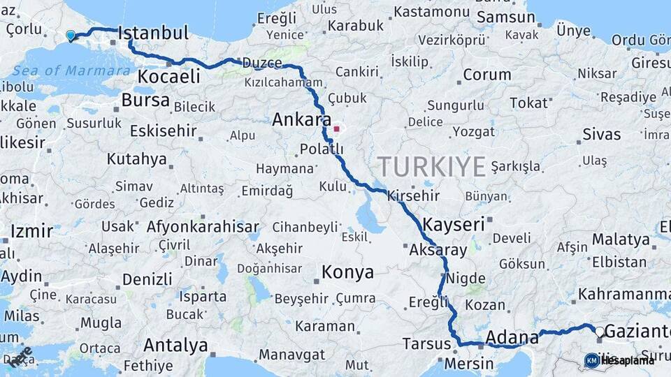 İstanbul Silivri Gaziantep Arası Kaç Km - Yol Haritası