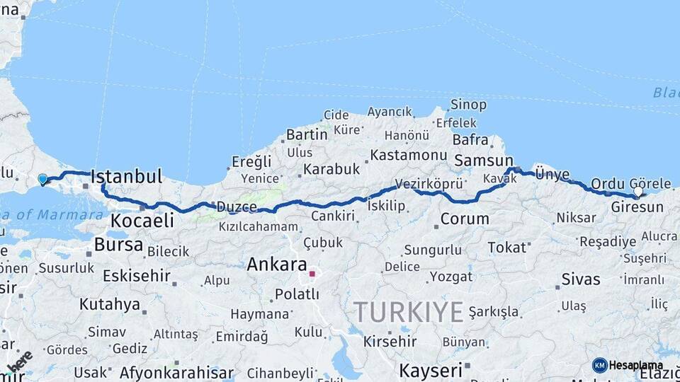 İstanbul Silivri Giresun Arası Kaç Km - Yol Haritası