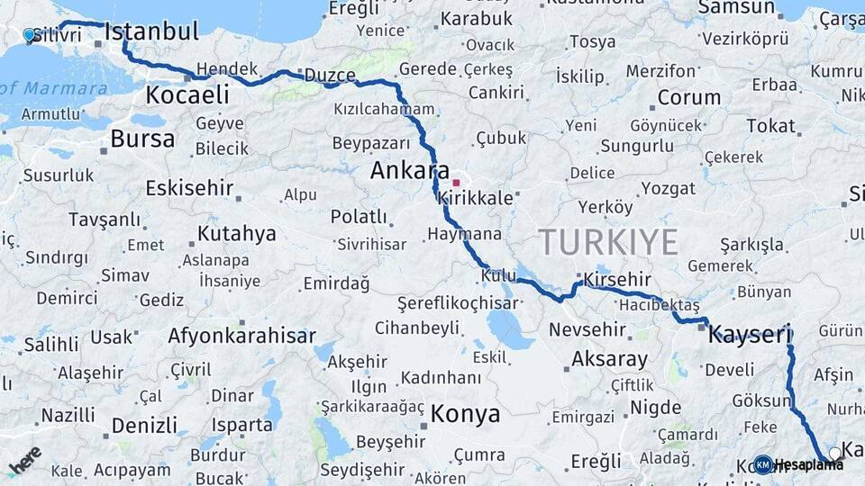 İstanbul Silivri Kahramanmaraş Arası Kaç Km - Yol Haritası
