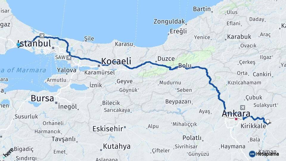 İstanbul Silivri Kırıkkale Arası Kaç Km - Yol Haritası