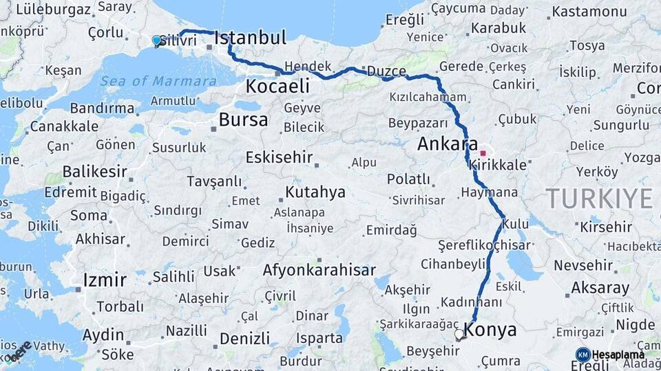 İstanbul Silivri Konya Arası Kaç Km - Yol Haritası