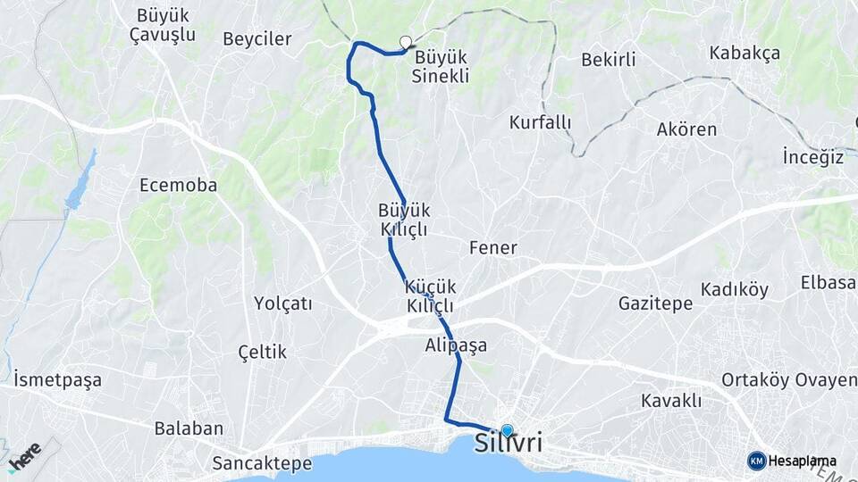 İstanbul Silivri Küçük Sinekli Silivri Arası Kaç Km - Yol Haritası