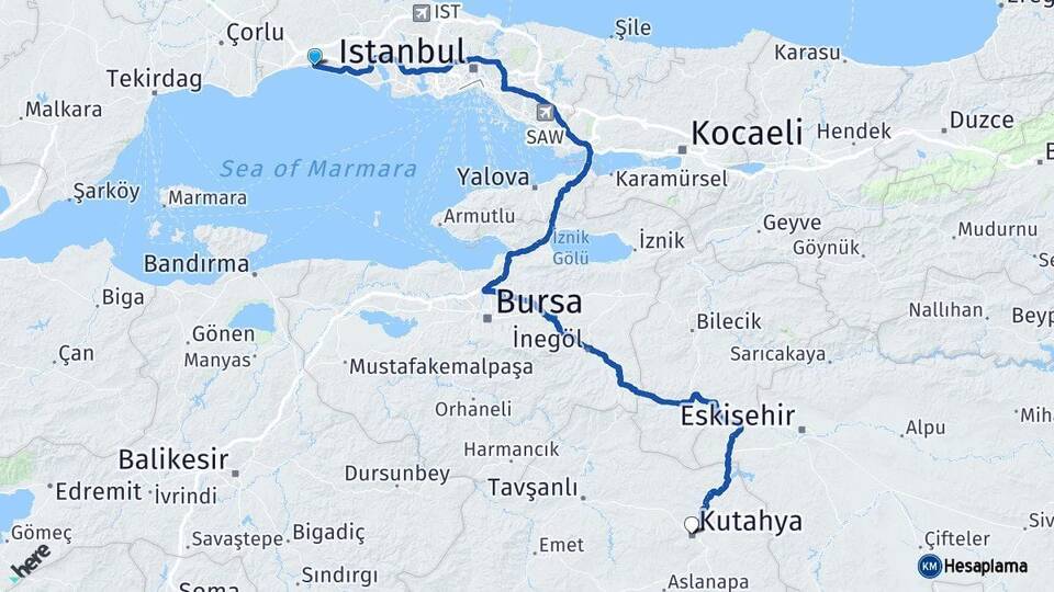 İstanbul Silivri Kütahya Arası Kaç Km - Yol Haritası