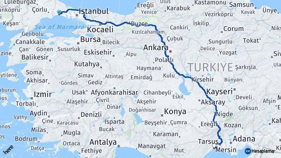 İstanbul Silivri Mersin Arası Kaç Km - Yol Haritası