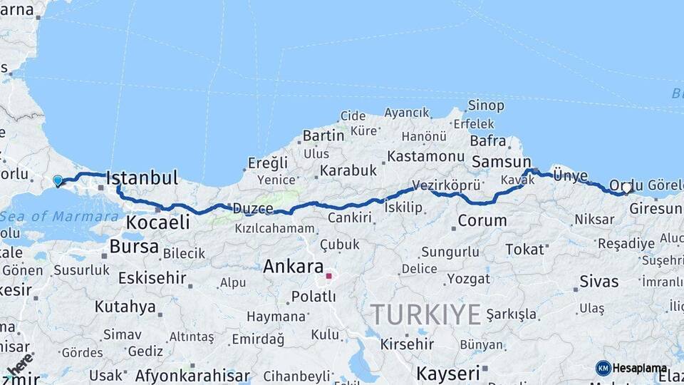 İstanbul Silivri Ordu Arası Kaç Km - Yol Haritası