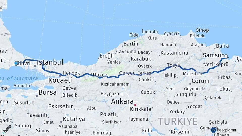 İstanbul Silivri Samsun Arası Kaç Km - Yol Haritası
