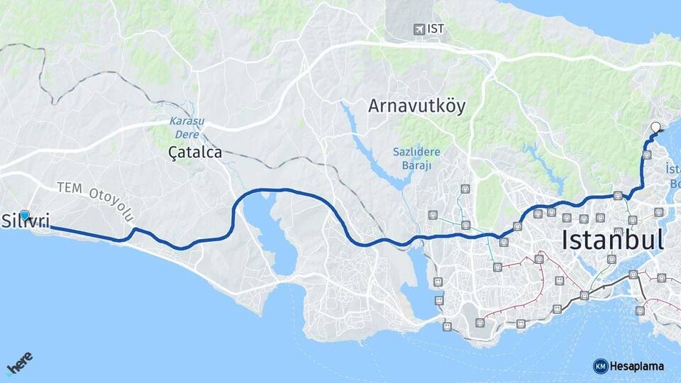 İstanbul Silivri Sarıyer Arası Kaç Km - Yol Haritası