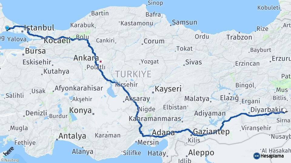 İstanbul Silivri Siirt Arası Kaç Km - Yol Haritası