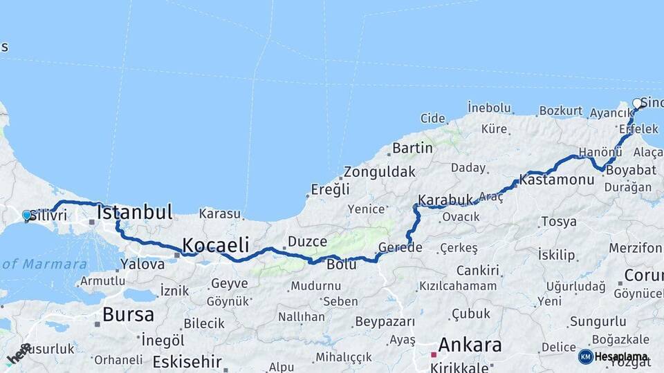 İstanbul Silivri Sinop Arası Kaç Km - Yol Haritası