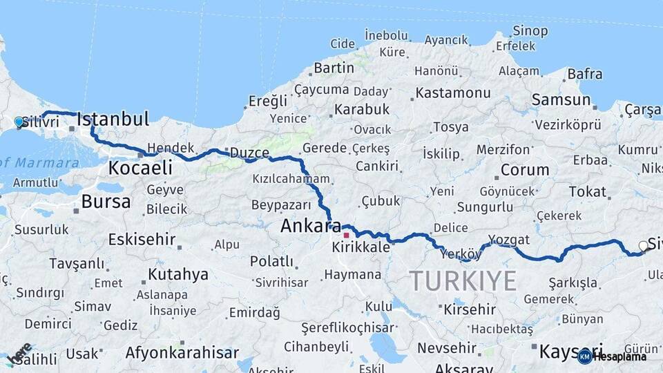 İstanbul Silivri Sivas Arası Kaç Km - Yol Haritası