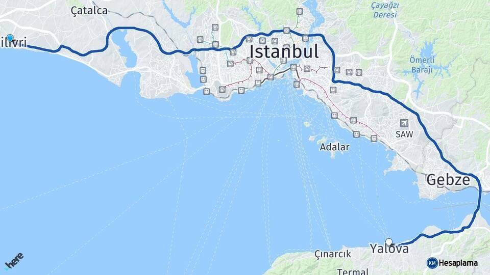 İstanbul Silivri Yalova Arası Kaç Km - Yol Haritası