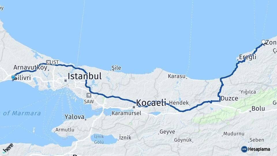 İstanbul Silivri Zonguldak Arası Kaç Km - Yol Haritası