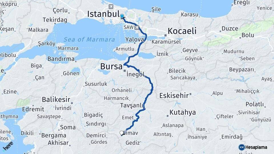 İstanbul Simav Kütahya Arası Kaç Km - Yol Haritası