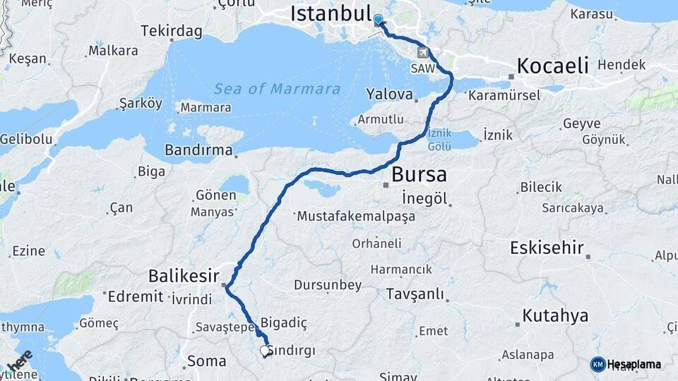 İstanbul Sındırgı Balıkesir Arası Kaç Km - Yol Haritası