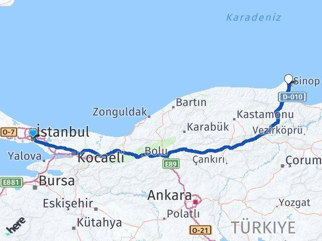 İstanbul Sinop Havalimanı Arası Kaç Km - Yol Haritası