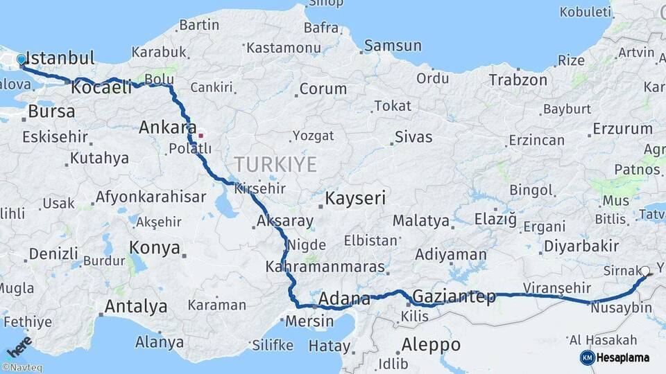 İstanbul Şırnak Arası Kaç Km - Yol Haritası