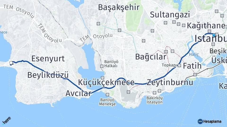 İstanbul Şişli Büyükçekmece Arası Kaç Km - Yol Haritası