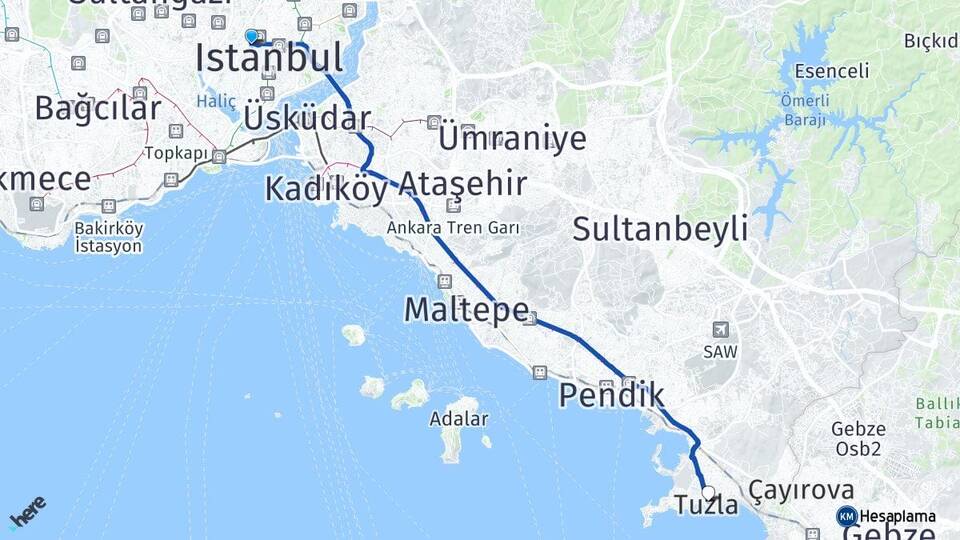 İstanbul Şişli Okmeydanı Tuzla Arası Kaç Km - Yol Haritası