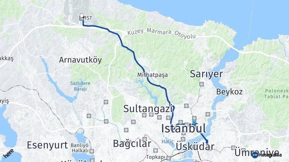 İstanbul Şişli Zincirlikuyu İstanbul Havalimanı Arası Kaç Km - Yol Haritası