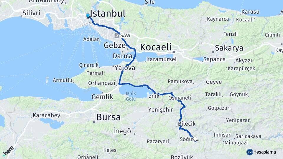 İstanbul Söğüt Bilecik Arası Kaç Km - Yol Haritası