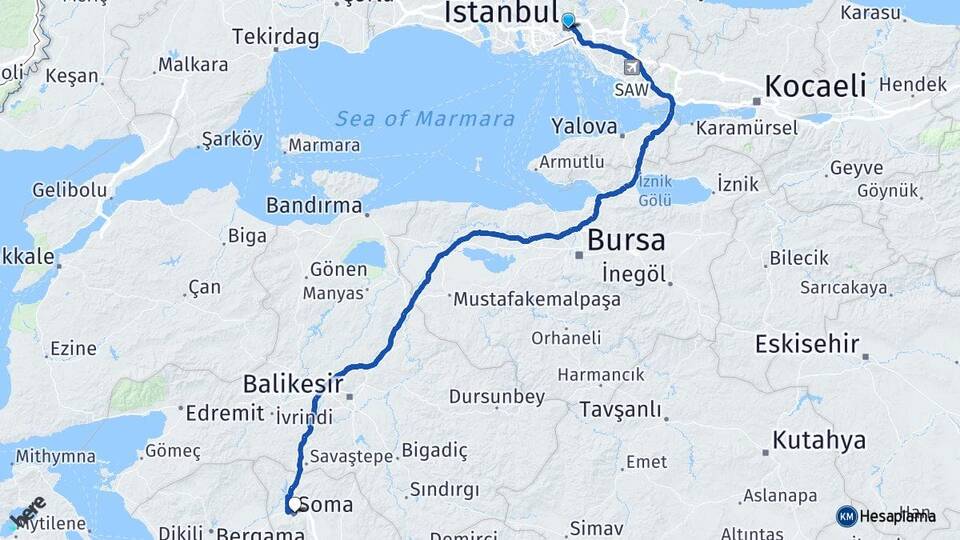 İstanbul Soma Manisa Arası Kaç Km - Yol Haritası