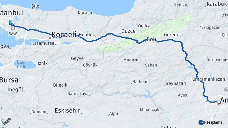İstanbul Sultanbeyli Ankara Arası Kaç Km - Yol Haritası