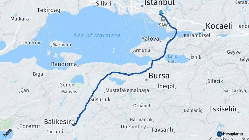 İstanbul Sultanbeyli Balıkesir Arası Kaç Km - Yol Haritası