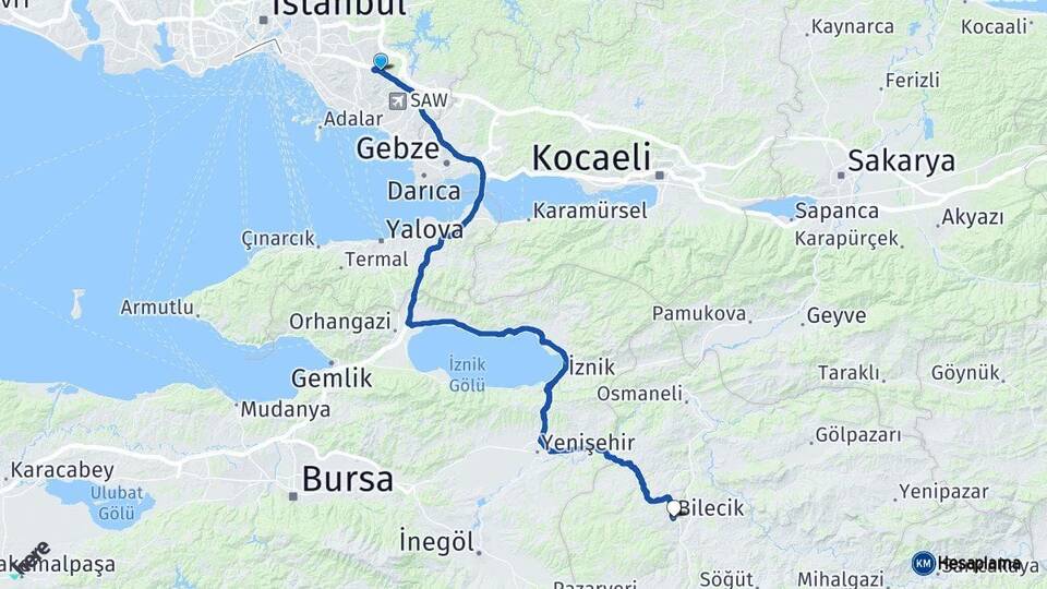 İstanbul Sultanbeyli Bilecik Arası Kaç Km - Yol Haritası
