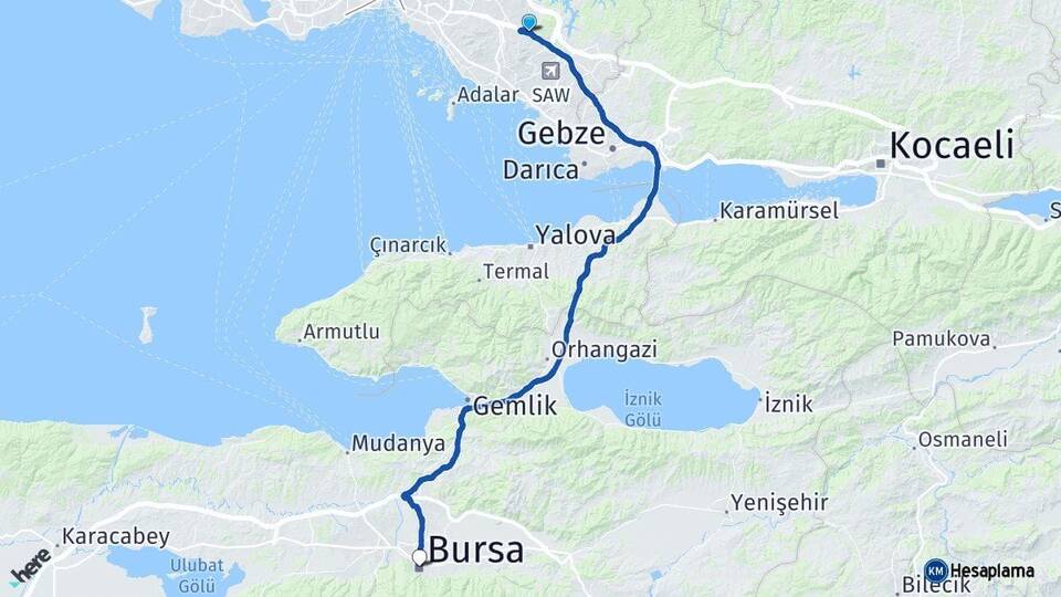 İstanbul Sultanbeyli Bursa Arası Kaç Km - Yol Haritası