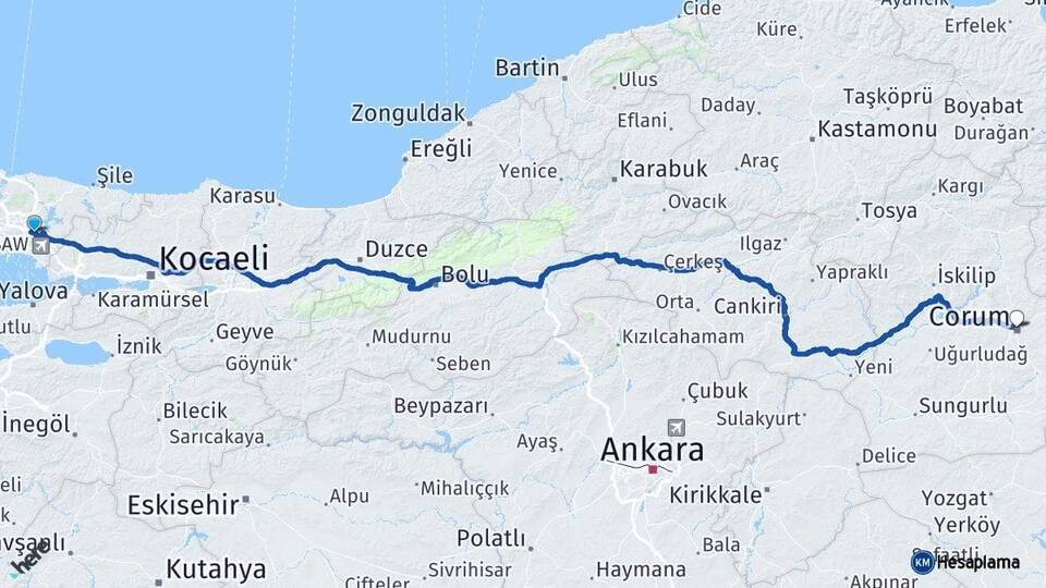 İstanbul Sultanbeyli Çorum Arası Kaç Km - Yol Haritası