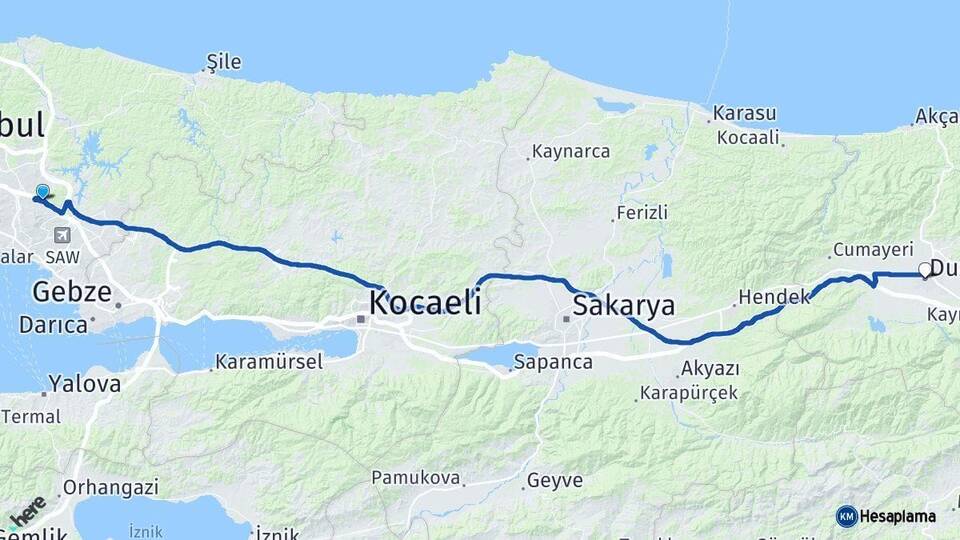 İstanbul Sultanbeyli Düzce Arası Kaç Km - Yol Haritası