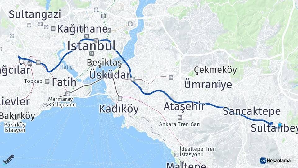 İstanbul Sultanbeyli Esenler Arası Kaç Km - Yol Haritası