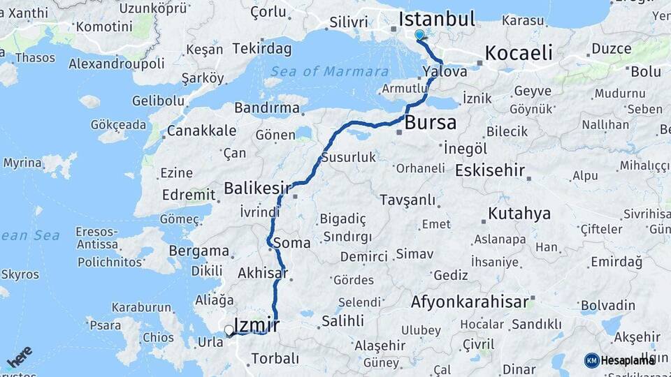 İstanbul Sultanbeyli İzmir Arası Kaç Km - Yol Haritası