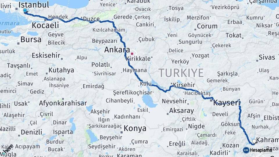 İstanbul Sultanbeyli Kahramanmaraş Arası Kaç Km - Yol Haritası