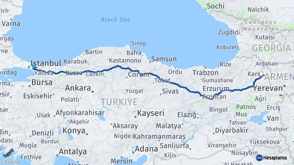 İstanbul Sultanbeyli Kars Arası Kaç Km - Yol Haritası