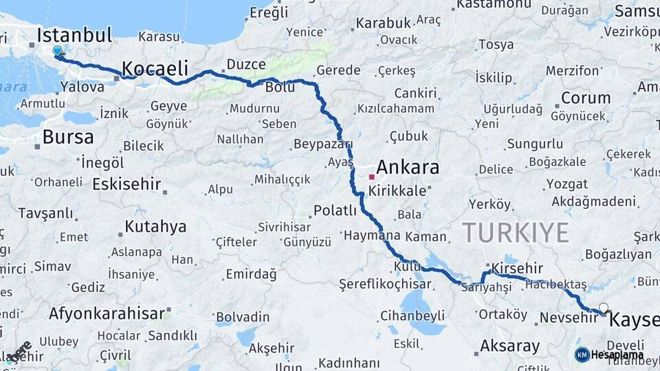 İstanbul Sultanbeyli Kayseri Arası Kaç Km - Yol Haritası