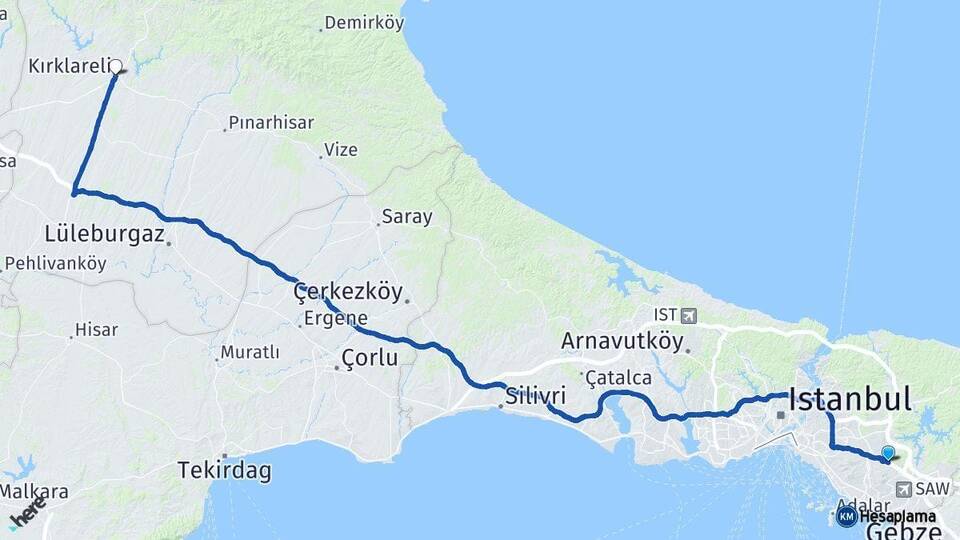 İstanbul Sultanbeyli Kırklareli Arası Kaç Km - Yol Haritası