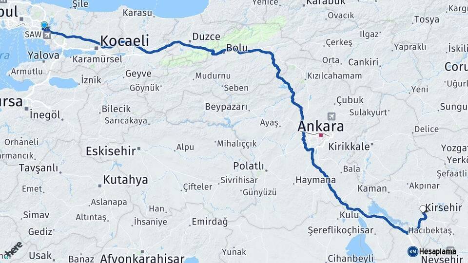 İstanbul Sultanbeyli Kırşehir Arası Kaç Km - Yol Haritası